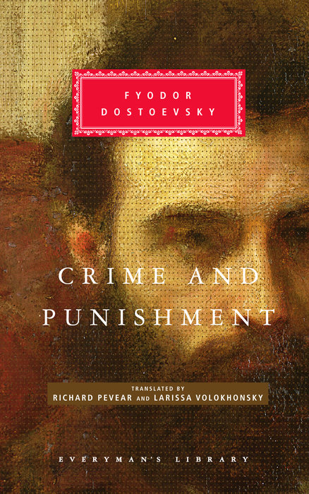 A book cover with a painted face behind the title 'Crime and Punishment'.