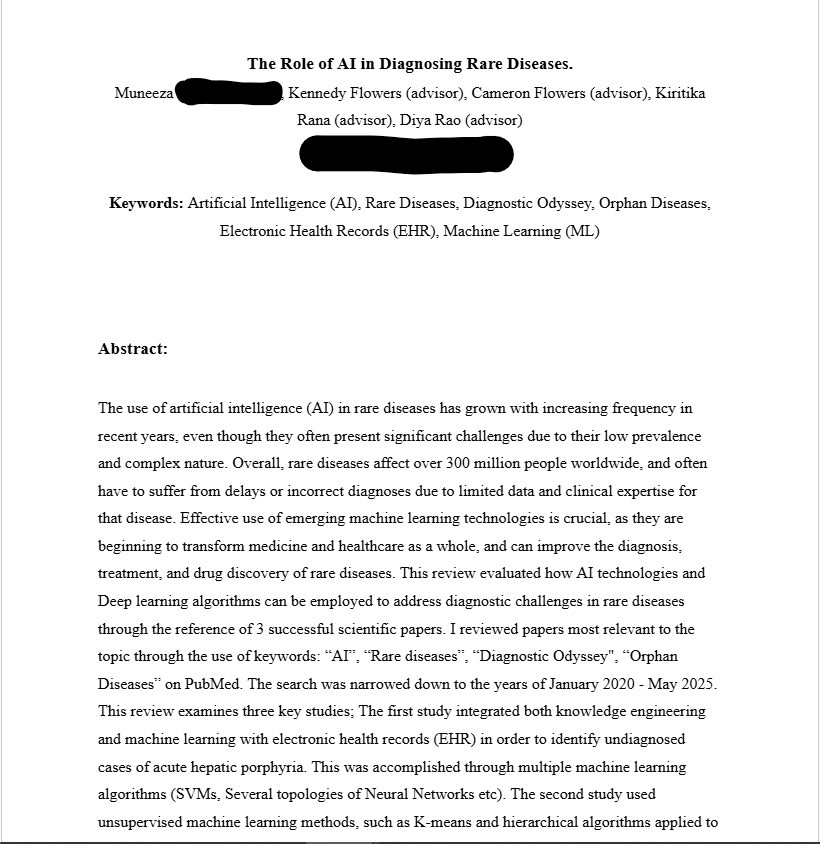 A literature review titled "The role of AI in Diagnosing Rare Diseases" and below an exerpt of the review itself